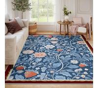 Tapis Floraux 100x150 lavables pour Le Salon carpette Moderne Bleu Fraise antidérapant Grande Surface Chambre William Morris Grand sejour à Poil Bas avec Support antiglisse