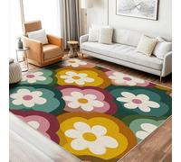Tapis Géométrique Fleur Lavable 200x250 - Motif Retro 1970 Marguerite, Grand Tapis Salon Chambre Cuisine Antidérapant Poil Court Doux Decoration Maison Carpet, FD1530