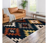 Tapis géométrique vintage pour salon et chambre à coucher - Tapis moderne à poils courts - Orange, jaune, noir, blanc, bleu marine, 160 x 180 cm, décoration d'intérieur élégante.