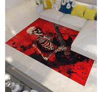 Tapis Graffiti Rouge et Noir Style Hip hop Thème de la Musique Squelette Gothique & Guitare Motif Mince Tapis pour l’entrée du Salon 150 x 210 cm