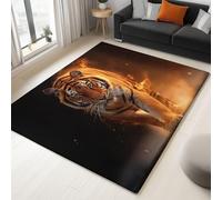 Tapis Grand 140 x 200 cm Photographie HD Tigre En Flammes, Moquette Couleur Orange Imprimé Poil Ras, Moquette Lavable en Machine Antidérapant, Tapis en Fausse Laine d'agneau Super Doux Chambre
