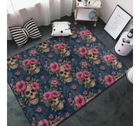 Tapis hawaïen à imprimé tête de mort et fleurs roses pour décoration de salon, tapis antidérapant et lavable pour chambre à coucher, salle à manger, salon, chambre à coucher, 152,4 x 99,1 cm