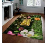 Tapis Hello Spring Herbe Verte Fleurs colorées Lavable Tapis Flanelle Poil Ras antidérapant Accent Floral carpette entrée Chambre bébé 100x120cm