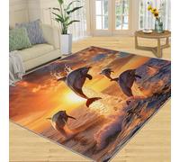 Tapis Home Decoe Dolphin, Marine Life Dolphin Tapis antidégligants lavables, décors de Coucher de Soleil océan Appliqués au Salon, Chambre, Couloir de Salle à Manger (100x140cm)