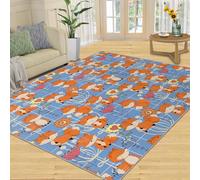 Tapis Home Decoe Fox, Tapis antidérapants lavables avec des Animaux de Dessins animés, Renard à Carreaux Bleus géométriques appliqués au Salon, Chambre, Couloir de la Salle à Manger (70x120cm)