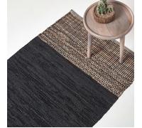 HOMESCAPES - Tapis en Cuir recyclé Noir et Beige à Motif Chevrons - 90 x 150 cm