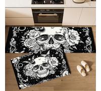 Tapis Illustration Gothique 50x80+50x150cm Antidérapant Tapi Crâne Humain Noir et Blanc Idéal pour Le Couloir, la Cuisine, Le Salon ou comme Tapis de lit
