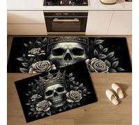 Tapis Illustrations rétro 40x60+40x120cm Antidérapant Tapi Fleur Crâne Noir et Or Idéal pour Le Couloir, la Cuisine, Le Salon ou comme Tapis de lit