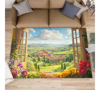 Tapis imitation fenêtre pour salon, paysage de campagne, art rustique pour chambre à coucher, antidérapant, lavable, à poils courts pour sols en bois franc - 60 x 110 cm