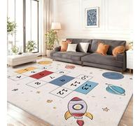 Tapis Impression Dessin Animé Fusée Planète Jeu - Lavable en Machine & Antidérapant Tapis Couleur Claire pour Salon Chambre Bureau Salle a Manger, 60 x 90 cm Légère Flanelle Moquette