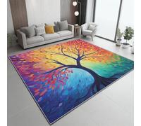 Tapis Impressionnisme Feuilles Arbre Coloré Bleu 100 X 150 Cm - Poils Courts Ultra Doux, Lavable en Machine, Antidérapant, Ne Peluche Pas - Tapis Rectangulaire pour Salon, Chambre