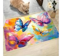Tapis Impressionnisme Peinture À L'Huile Paillasson Papillon Romantique Aquarelle Tapis Antidérapant et Absorbant, Lavable, Paillasson pour Intérieur, Chambre, Cuisine, Entrée (Bleu Jaune, 50x80cm )