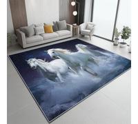 Tapis Impressionnisme Vagues Chevaux Blanc Bleu 60 X 90 Cm - Poils Courts Ultra Doux, Lavable en Machine, Antidérapant, Ne Peluche Pas - Tapis Rectangulaire pour Salon, Chambre, Cuisine