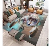 Tapis Imprimé Loup Attrape Rêve Pour Salon Chambre Décoration de la Maison Moderne Flanelle Antidérapante Chambre D'enfants Tapis de Sol de Jeu,Forêt Étoile Plume Wolf Motif (Gris,100x150 cm)
