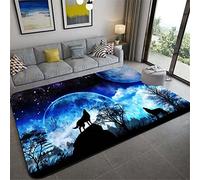 Tapis Imprimé Loup Pour Salon Chambre Décoration de la Maison Moderne Flanelle Antidérapante Chambre D'enfants Tapis de Sol de Jeu,Forêt Neige Nuit Ciel Lune Loups Motif (Marine,60x90 cm)