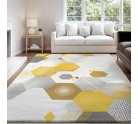 Tapis imprimé Moderne Futur Technologie Géométrique Blanc Jaune pour décoration de Salon, Tapis d'intérieur Doux et antidérapant Lavable pour Chambre à Coucher, Salle à Manger, Salon 120 x 160 cm