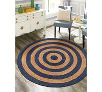Tapis indien en jute naturelle tressé à la main, respectueux de l'environnement, tapis bohème pour chambre à coucher, salon, ferme, décoration de chambre d'enfant, couleur naturel/bleu marine, 1,5 m