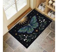 Tapis Intérieur Absorbant, 60 x 120 cm Tapis de Porte Astrologie Mysticisme Antidérapant Lavable, Paillasson Feuil Fougère Papillon avec dos en caoutchouc pour Porte, Couloir et Cuisine, Vert Foncé