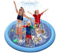 Tapis Jet d'eau Chien, SilverChry 170cm Tapis de Pulvérisation Antidérapant, Splash Play Mat Chiens, Sprinkler Splash Pad, Tapis Jet d'eau Enfants, Tapis Pulvérisation Éclaboussure d'eau (Bleu)