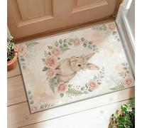 Tapis lapin, rose botanique, feuillage printanier, pêche pastel, dos antidérapant, tapis de porte rectangulaire pour salle de bain, entrée, cuisine, chevet, décoration de chevet 0,6 x 0,9 m