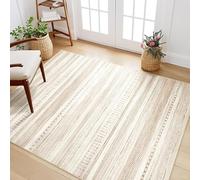 Tapis lavable - 100 x 160 cm - Pour salon, chambre à coucher, cuisine - Beige neutre - Motif géométrique rustique - Pour la maison et le bureau - Doux et durable