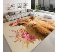 Tapis lavable 140 x 200 cm pour chambre d'enfant, coureur antidérapant animal buffle des highlands fleur pour chambre - tapis imprimé pastoral à poils courts pour salon salle à manger bureau