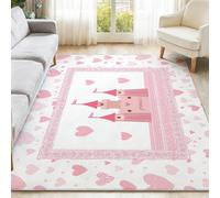 Tapis Lavable 160 x 230 cm, Dessin Animé Cœur, Poils Courts, Antidérapant, Imprimé Tapis Rose Château, pour Salon Chambre à Coucher Salle à Manger Bureau Chambre d'enfant