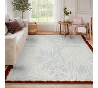 Tapis Lavable 180x240 Surface Bleu Clair Fleuri Profil Bas Large carpette avec arrière antidérapant et Double Bordure botaniques Vintage pâle Ivoire pour Salon Chambre Salle à Manger