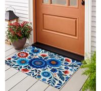 Tapis lavable 50 x 80 cm - Tapis à imprimé Style Ethnique Floral - Ultra fine et douce à Plantes Rétro Exotiques - Tapis de sol antidérapant pour entrée, chambre à coucher, cuisine - Bleu Foncé