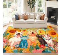 Tapis Lavable 60 x 110 cm, Déco Enfant Chien et Chat Fleurs, Poils Courts, Antidérapant, Imprimé Multicolore Tapis pour Salon, Chambre à Coucher, Salle à Manger, Bureau, Chambre d'enfant