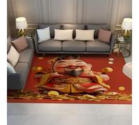 Tapis Lavable 80x150 Tapis Rouge Poil Bas arrière antidérapant imprimé Dieu Richesse Joyeux pour Salon Salle Manger Pivoine Dessin animé Heureux prospère Sol intérieur Moquette