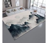 Tapis Lavable Antidérapant 140 x 200cm - Poils Courts Non Pelucheux Facile à Nettoyer avec Chinois Abstrait Aquarelle Peinture Paysage Imprimé Décoratif Tapis pour Salon Chambre d’Enfant, Bleu-Gris