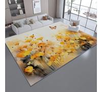 Tapis Lavable Antidérapant 160 x 230cm - Poils Courts Non Pelucheux Facile à Nettoyer avec Aquarelle Réaliste Fleurs Sauvages Papillons Imprimé Décoratif Tapis pour Salon Chambre d’Enfant, Jaune