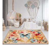 Tapis Lavable Antidérapant 90 x 150cm - Poils Courts Non Pelucheux Facile à Nettoyer avec Broderie Aquarelle Fleurs Papillon Imprimé Décoratif Tapis pour Salon Chambre d’Enfant, Coloré