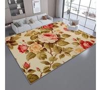 Tapis Lavable Antidérapant 90 x 150cm - Poils Courts Non Pelucheux Facile à Nettoyer avec Éléments Floraux Roses Illustration Feuilles Imprimé Décoratif Tapis pour Salon Chambre d’Enfant, Beige