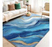Tapis Lavable Antidérapant à Poils Courts - Bleu Doux et Confortable, Tapis de Salon Abstrait Luxe Texture de marbre Lignes pour Chambre, Séjour et Salle à Manger 60 x 90 cm