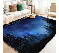 Tapis Lavable Antidérapant à Poils Courts - Bleu foncé Doux et Confortable, Tapis de Salon Aquarelle étoiles Arbres Fantaisie pour Chambre, Séjour et Salle à Manger 120 x 180 cm