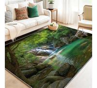 Tapis Lavable Antidérapant à Poils Courts - Coloré Doux et Confortable, Tapis de Salon Nature Jungle Cascade rochers pour Chambre, Séjour et Salle à Manger 60 x 90 cm