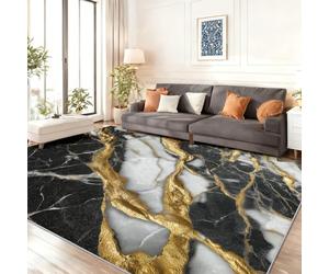 Tapis Lavable Antidérapant à Poils Courts - Noir et Blanc Doux et Confortable, Tapis de Salon Abstrait Luxueux Texture de marbre Lignes pour Chambre, Séjour et Salle à Manger 80 x 150 cm