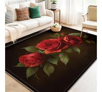 Tapis Lavable Antidérapant à Poils Courts - Rouge Noir Doux et Confortable, Tapis de Salon Romantique Roses Fleurs pour Chambre, Séjour et Salle à Manger 120 x 180 cm