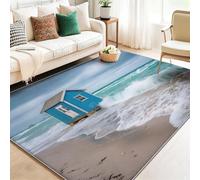 Tapis Lavable Antidérapant à Poils Courts - Vert émeraude Doux et Confortable, Tapis de Salon Côte Plage Cabane Vagues pour Chambre, Séjour et Salle à Manger 80 x 150 cm