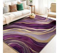Tapis Lavable Antidérapant à Poils Courts - Violet Or Doux et Confortable, Tapis de Salon Luxe Texture marbrée Lignes pour Chambre, Séjour et Salle à Manger 80 x 150 cm