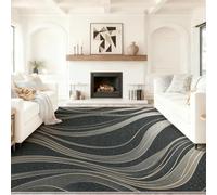 Tapis Lavable, antidérapant, Abstraction Moderne Vagues Rayures Tapis ne perd Pas Ses Poils, 120 x 170 cm léger et résistant décoloration, pour Couloir, entrée, Salon, Noir Argent