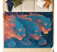 Tapis Lavable antidérapant Fantaisie Abstrait Flamme Lion, 60 x 120 cm Tapis Moquette de Chambre à Poils Ras, Paillasson Intérieur pour Salon, Chambre d'enfant, Salle à Manger, Bleu Orange