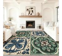 Tapis Lavable, antidérapant, Méditerranéens À Motifs Floraux Carreaux Tapis ne perd Pas Ses Poils, 160 x 230 cm léger et résistant décoloration, pour Couloir, entrée, Salon, Bleu Vert