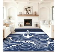 Tapis Lavable, antidérapant, Navigation Crochet Rayures Vagues Tapis ne perd Pas Ses Poils, 120 x 170 cm léger et résistant décoloration, pour Couloir, entrée, Salon, Bleu