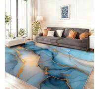 Tapis Lavable antidérapant, Tapis de Salon imprimé Abstrait Texture de marbre Luxe Lignes, Décoration pour Chambre à Coucher, séjour, Bureau à Domicile et intérieur (140 x 200 cm, Bleu Or)