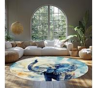 Tapis Lavable Aquarelle Rond éléphant 60cm（Rond） Tapis à Motifs Animaux Safari Bleu Rugs Fin pour Salon Décoration intérieure de la Jungle Africaine