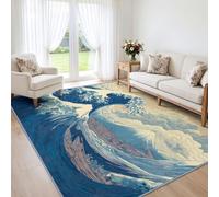 Tapis Lavable Chambre Classique Estampe Japonaise Ukiyo-E Pile Courte et Douce, Vagues Mont Fuji Tapis Salon 240 x 300 cm Dessous antidérapant pour salon chambre à coucher salle à manger bureau