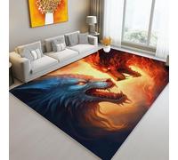 Tapis Lavable de 120 x 180 cm à Motif Dragon De Dessin Animé Fantastique Loup Tapis avec Envers antidérapant, Adapté à La Réduction du Bruit du Salon Durable résistant aux Taches, Bleu Rouge